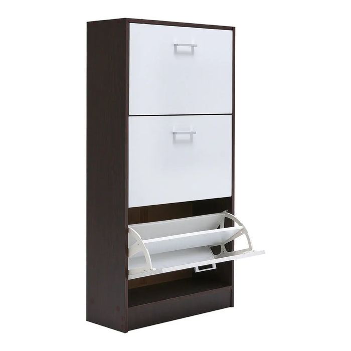 Narrow 3-Tier Flip-Top Shoe Cabinet – Walnut & White Vertical Storage