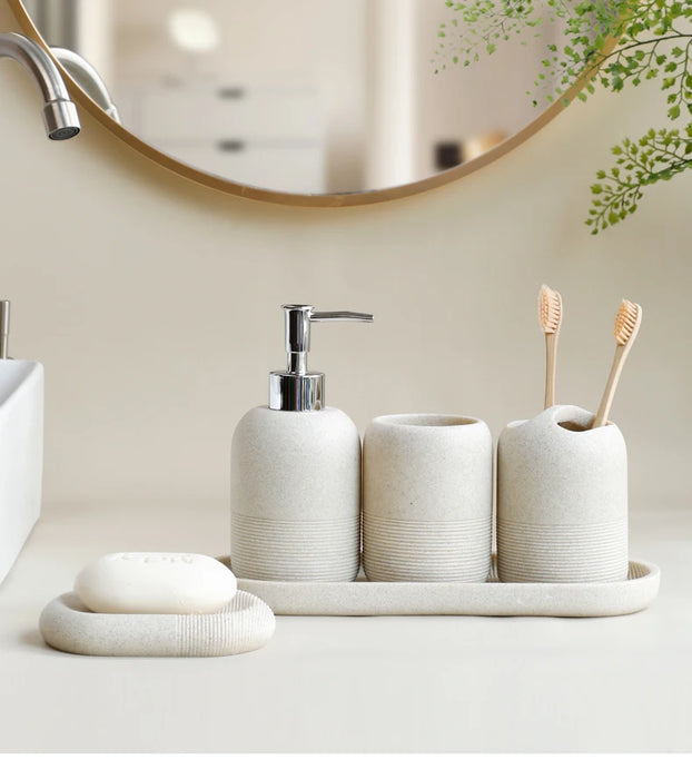 5‑Piece Bathroom Accessory Set — Dispenser, Toothbrush Holder, Tumbler, Tray & Soap Dish (Beige or Grey)