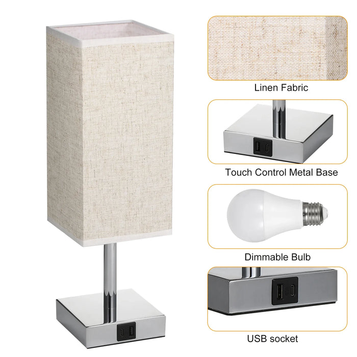 Bedside Table Lamp with Fabric Shade - Warm White LED Bulb, Touch Control, Desk Light, USB A and Type-C Charging Ports - Ideal for Nightstands, Work Desks and Study Areas