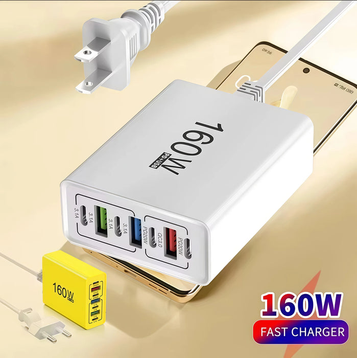 7-in-1 160W USB Charging Station – PD Type-C & USB-A, EU/US Plug, iPhone/Samsung/Xiaomi Compatible