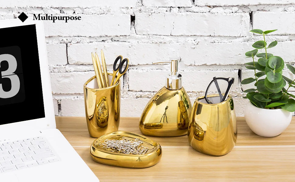 Modern Ceramic Bathroom Accessory Set — 4 or 5 Piece with Pump Dispenser