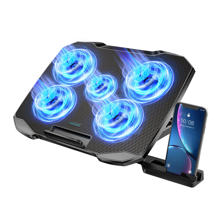 Laptop Cooling Pad 12–17 inch — 5 Quiet Fans, Adjustable Angles & Phone Holder