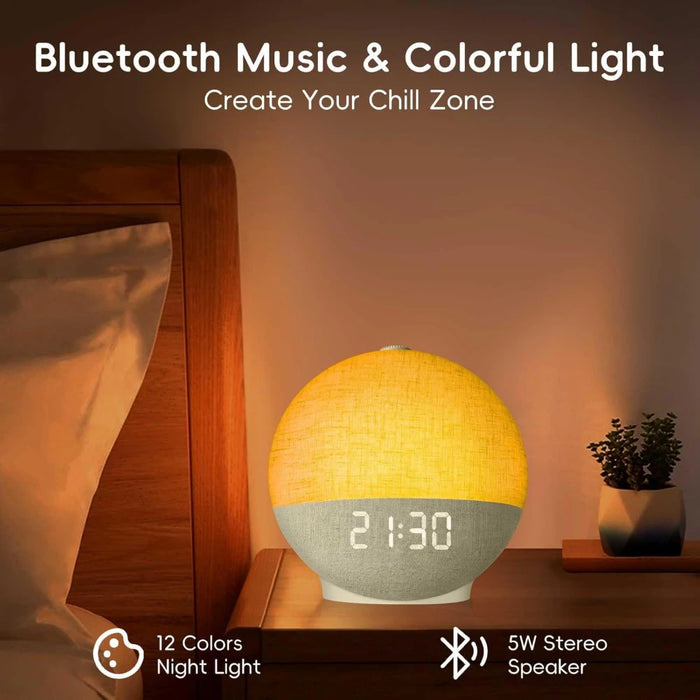 Wake‑Up Light Sunrise Alarm Clock — White Noise, Bluetooth Speaker & Colour‑Changing Night Light