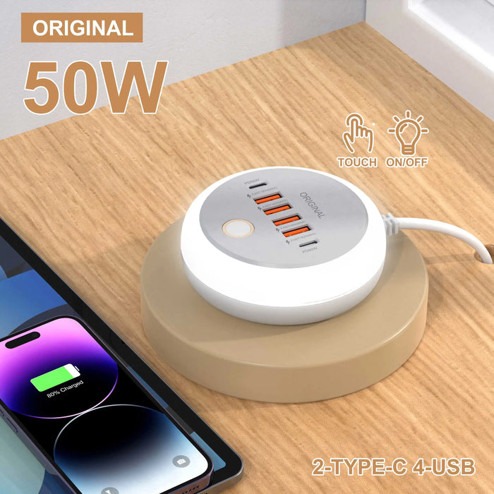 50W 6‑Port USB PD Desktop Charger — 2×USB‑C & 4×USB‑A