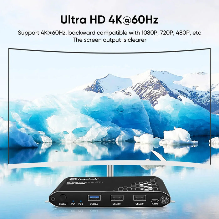 DP KVM Switch 2-Port — 4K@60Hz, HDCP 2.2, USB 3.0, USB Cables Included