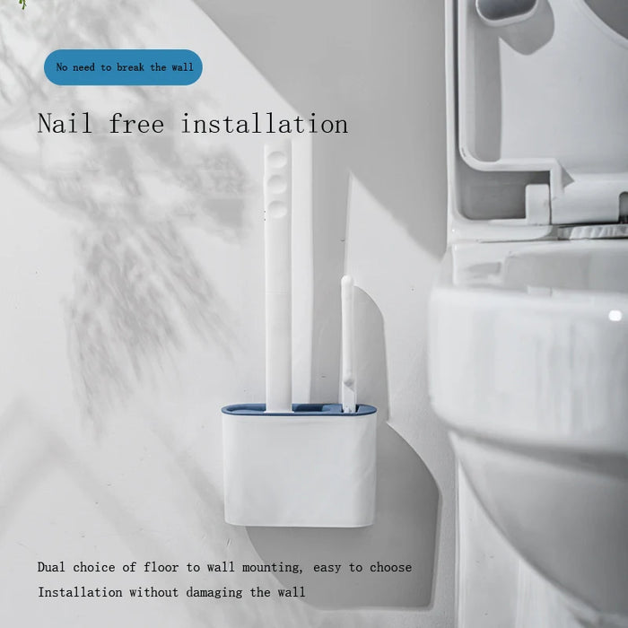 Wall-hanging Toilet Brush & Holder — Long Handle, Silicone Bristles (Grey or Blue)