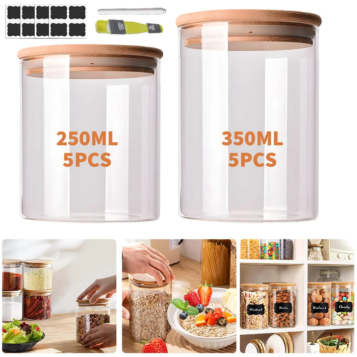 10-Piece Glass Pantry Jar Set with Bamboo Lids — 5×350ml & 5×250ml