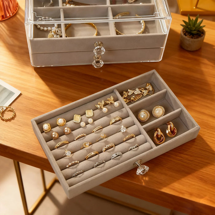 3-Layer Drawer Jewellery Box — Beige or Grey, Plastic Organiser