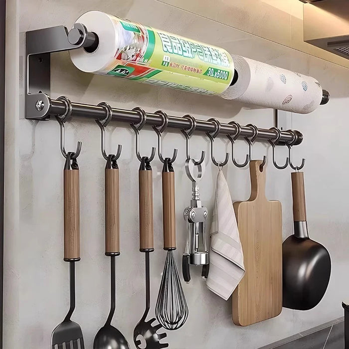 Stainless Steel Double-Rod Kitchen Rack — Spoon Holder & Kitchen Roll Dispenser
