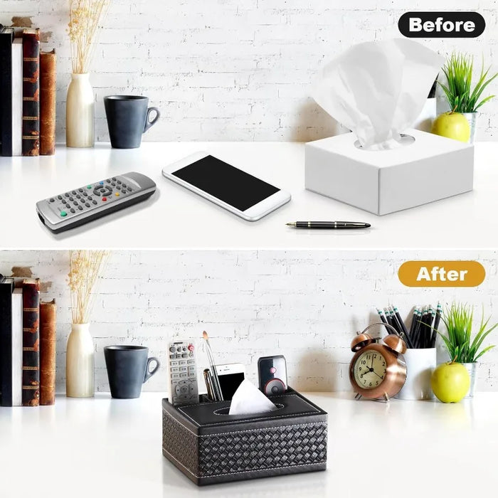 Faux Leather Tissue Box Cover with Remote Holder — Living Room & Desktop Organiser