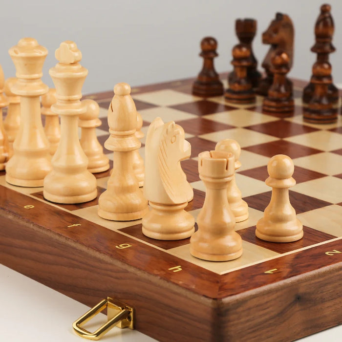 15" x 15" Folding Walnut Chess Set with Solid Wooden Pieces