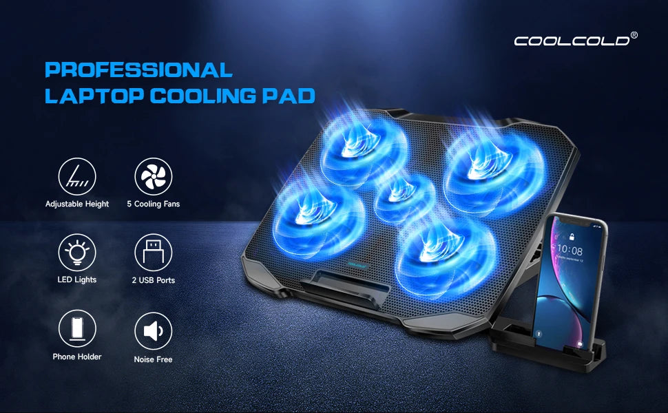 Laptop Cooling Pad 12–17 inch — 5 Quiet Fans, Adjustable Angles & Phone Holder