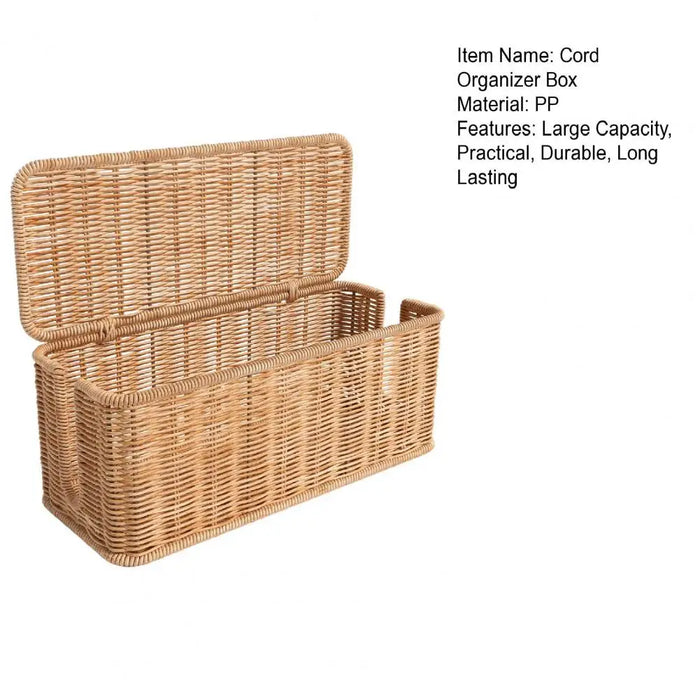 Rattan Cable Management Box – Hand‑woven Cord Organiser, 2‑Slot, Large Capacity (Khaki)