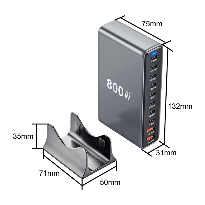800W GaN 10-Port Desktop Charger — PD 140W Fast Charge for iPhone, iPad, MacBook