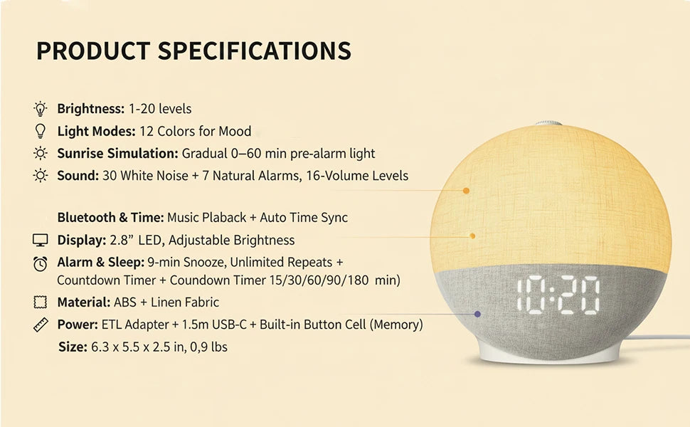 Wake‑Up Light Sunrise Alarm Clock — White Noise, Bluetooth Speaker & Colour‑Changing Night Light
