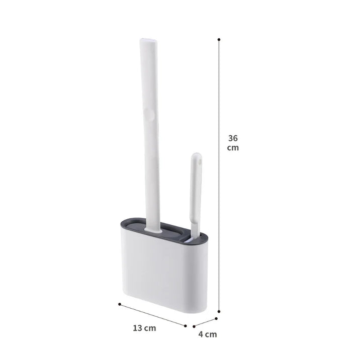 Wall-hanging Toilet Brush & Holder — Long Handle, Silicone Bristles (Grey or Blue)