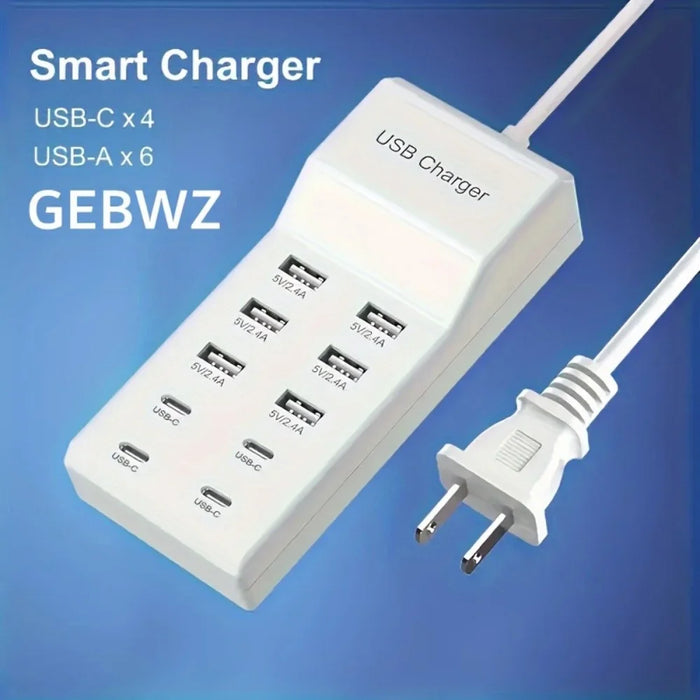 10‑Port 50W USB Charging Station – Multi‑Device Fast Charger with LCD (EU/UK/US plugs)