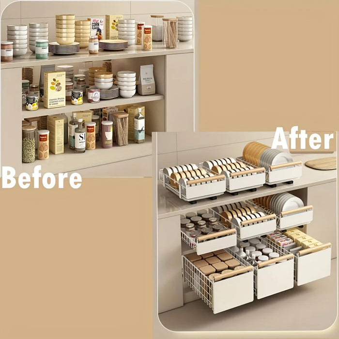 Space-Saving Pull-Out Kitchen Organiser — Plate, Bowl & Spice Rack