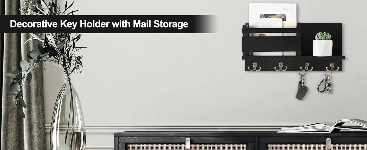 Wooden Wall-Mounted Key & Mail Organiser — Rustic Letter Sorter with 4 Key Hooks