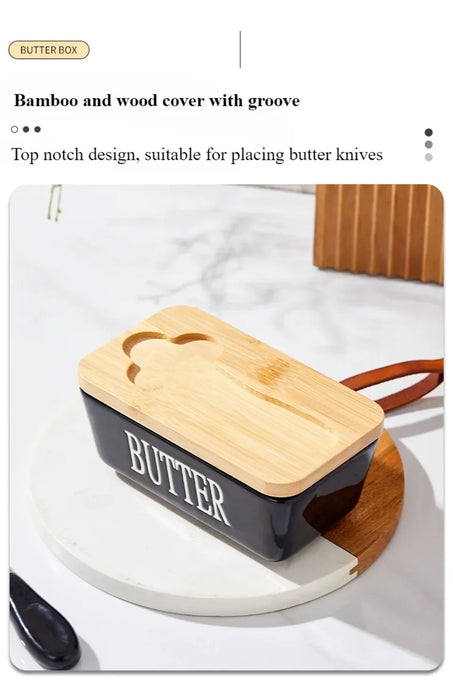 Ceramic Butter & Cheese Storage Box with Bamboo Lid and Knife — 14.8×8.5×6cm