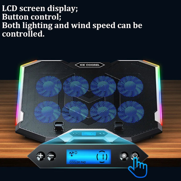 RGB Laptop Cooling Pad for 12–18 inch Laptops — 8 Fans, 3500 RPM, LCD Speed Control, 2 USB Ports