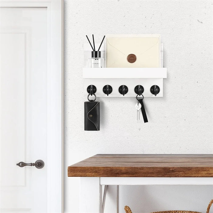 Wall-mounted Key and Mail Shelf with 5 Hooks - Wooden Entryway Rack