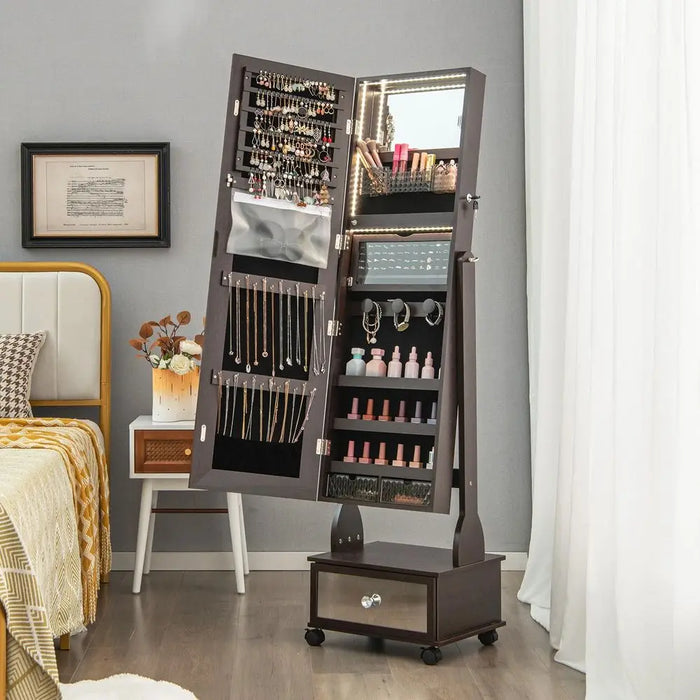 Free-standing Jewellery Cabinet — 3‑Colour LED Lights, Lockable, Full‑Length Mirror, Drawers & Wheels