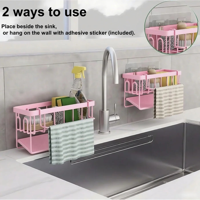 Kitchen Sink Organiser — Sponge Holder with Dishcloth Hanger and Adhesive Sticker