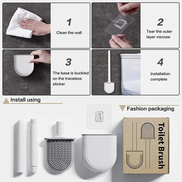 Wall-Mounted Silicone Toilet Brush Set — Easy Install, Long Handle with Portable Holder