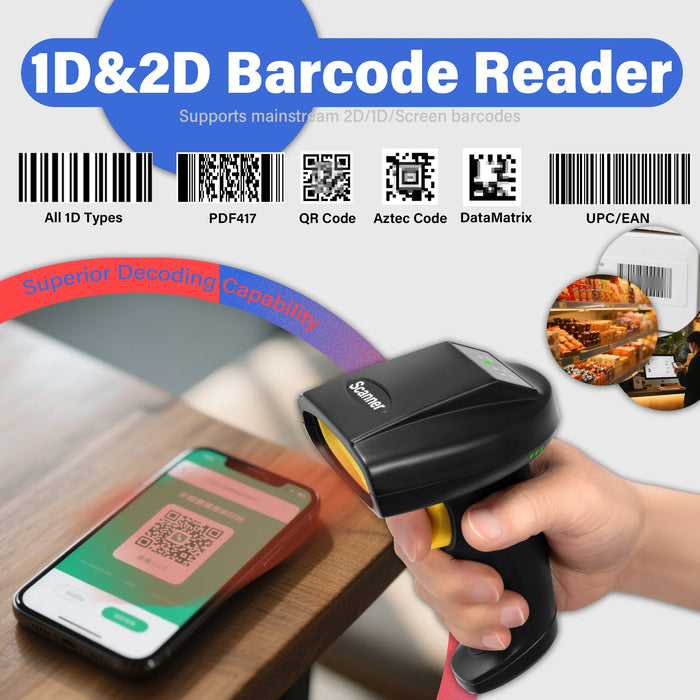2D QR Code Scanner — 2.4GHz & Bluetooth V5.0 Wireless Barcode Reader