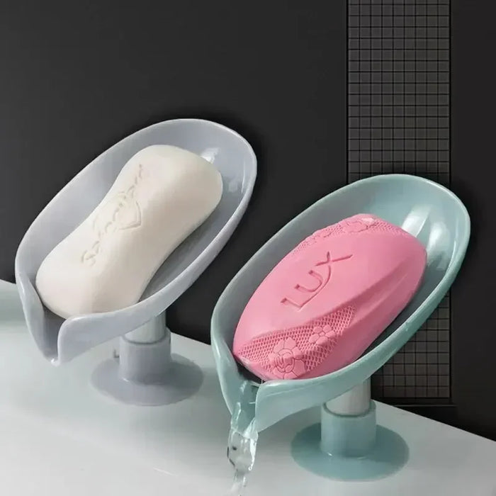 Leaf-Shaped Drain Soap Holder with Suction Cup – Grey Soap Box & Drying Rack (1pc)