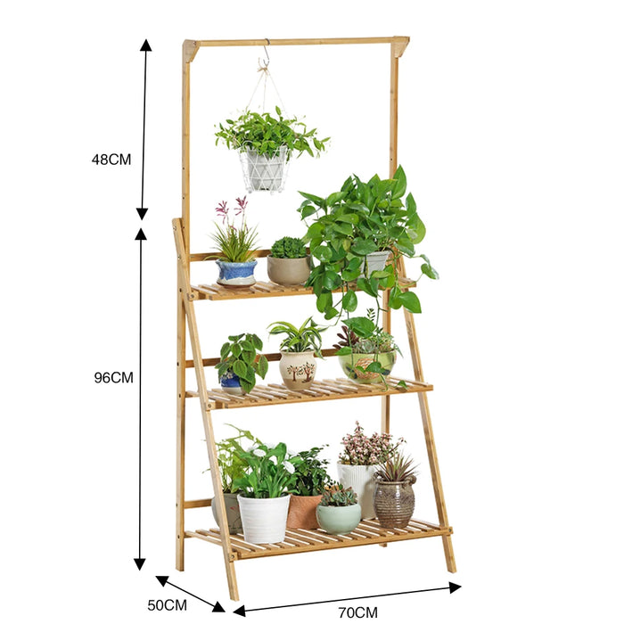 3-Tier Foldable Wooden Ladder Plant Stand with Adjustable Hanging Bar for Home & Outdoor