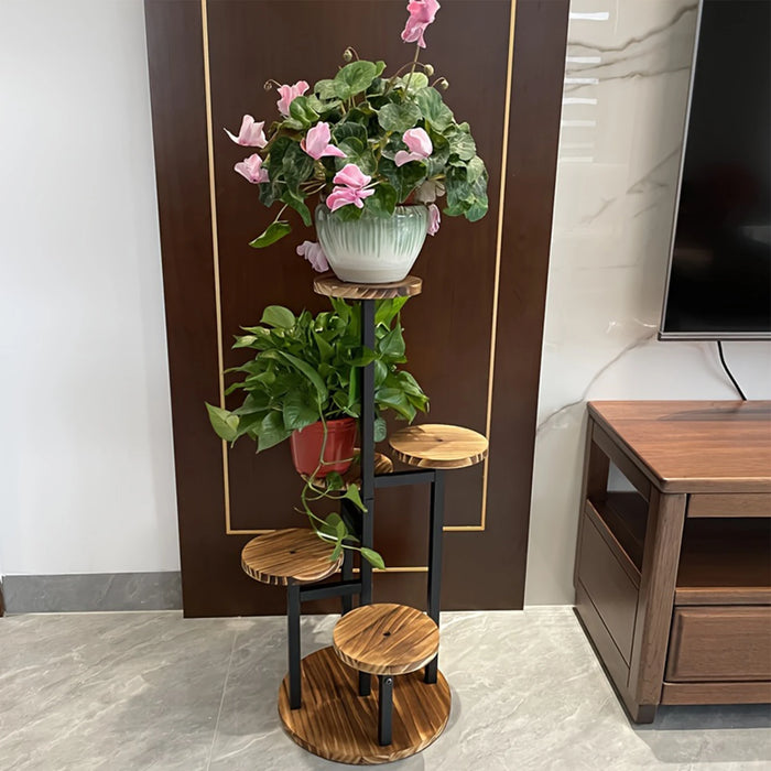 6-Tier Corner Plant Stand – Wood & Metal Display Shelf (Black)