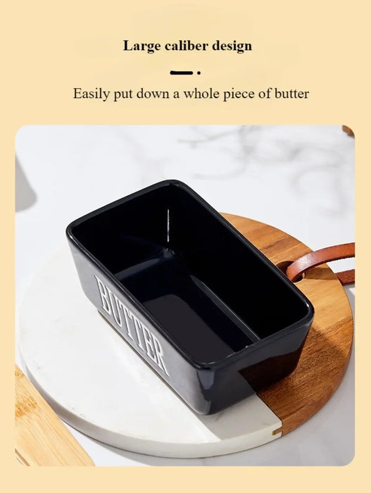 Ceramic Butter & Cheese Storage Box with Bamboo Lid and Knife — 14.8×8.5×6cm