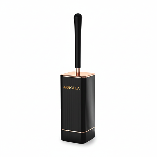 Aokala Silicone Toilet Brush & Holder — 40cm Long Handle, Wall or Floor Mount, Black or White with Rose Gold Trim