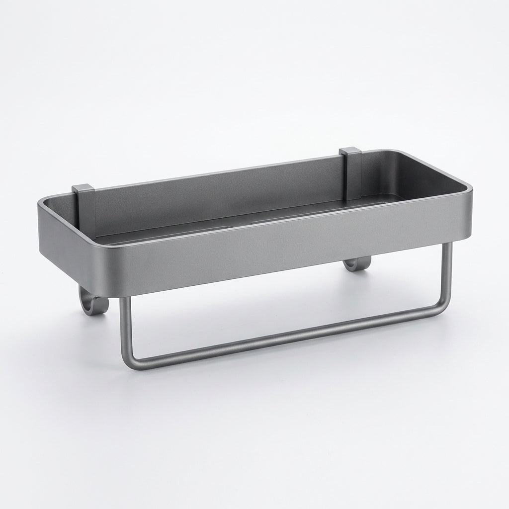 No‑drill aluminium shower caddy with towel rod option — single or double