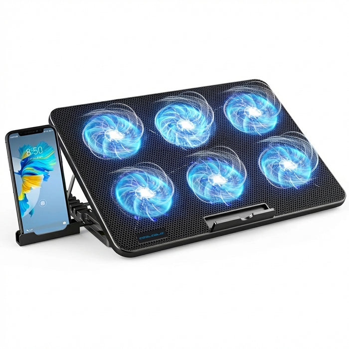 Laptop Cooling Pad for 12–17.3-inch Laptops — 6 Quiet Fans, 7-Stage Height & Phone Holder