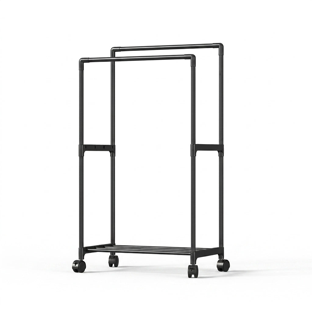 Double‑Rod Mobile Clothes Rack with Wheels — Black Metal
