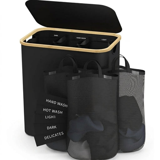 Slim Laundry Hamper — 100L or 160L Bamboo Basket with Removable Washable Bag & Handles