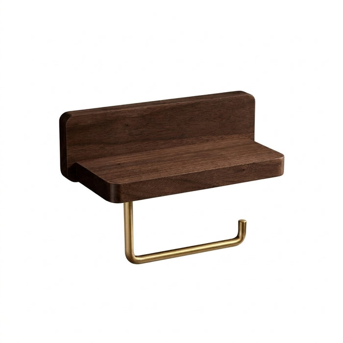 Wall-Mounted Toilet Roll Holder with Shelf — Brass & Wood, Stainless Steel