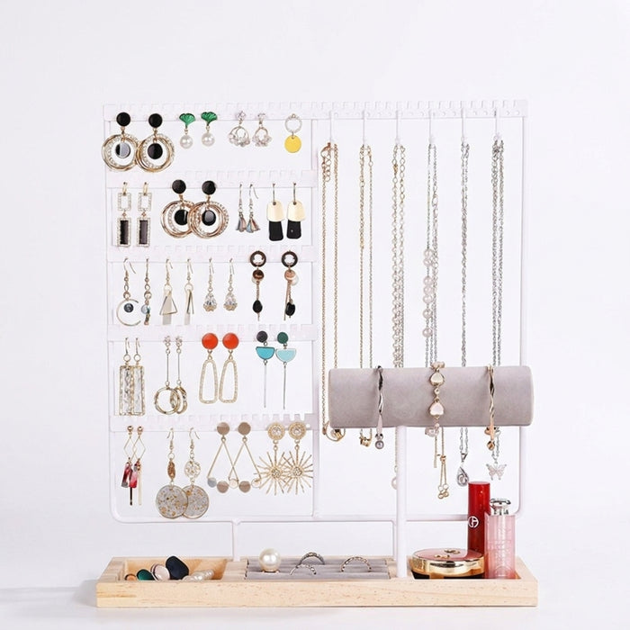 Metal Jewellery Organiser Stand with Wooden Tray — Multi‑Functional Storage