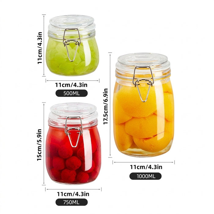 Sealed Glass Jars with Clip Lids — Airtight Food-Grade Storage (500–1000ml & 3‑piece set)
