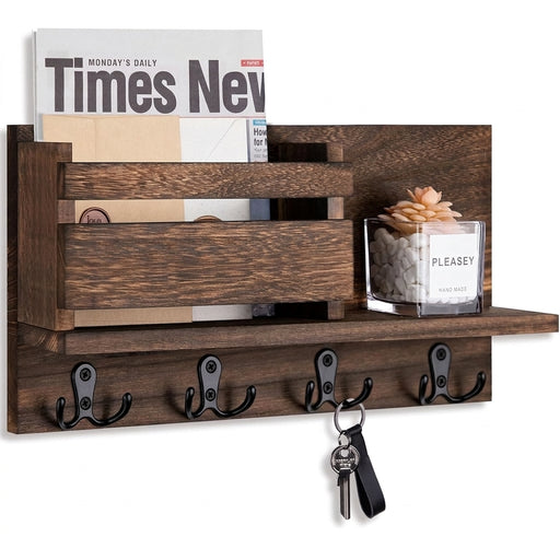 Wooden Wall-Mounted Key & Mail Organiser — Rustic Letter Sorter with 4 Key Hooks