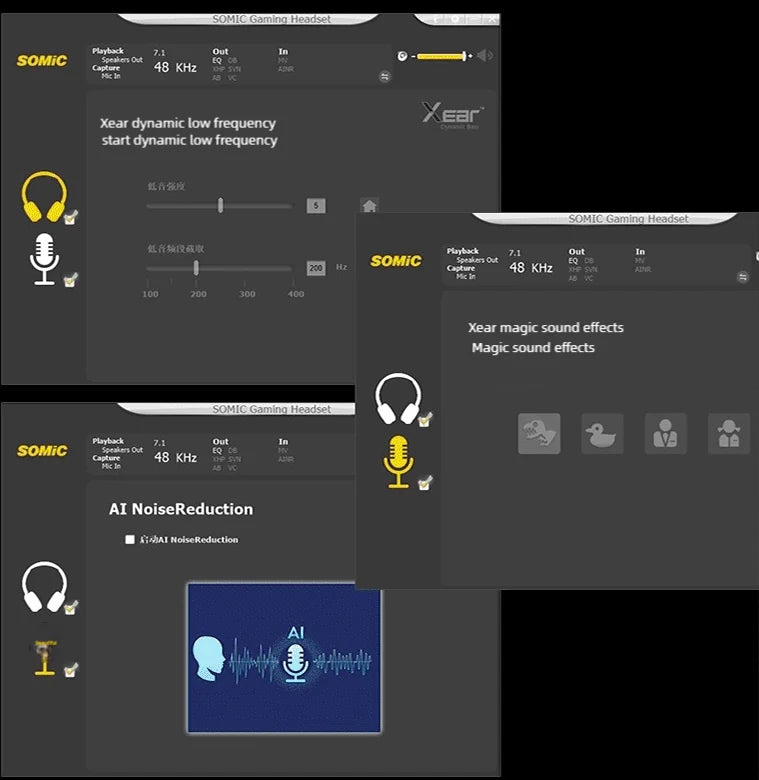 SOMiC driver software showing bass adjustment, voice effects and AI microphone noise reduction