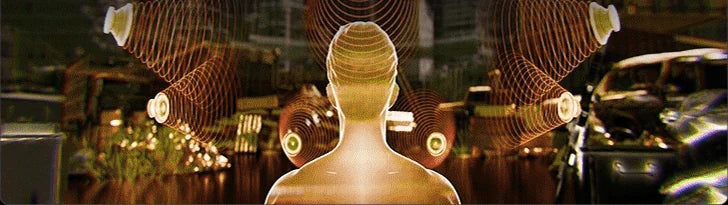 Manufacturer illustration of sound surrounding a listener